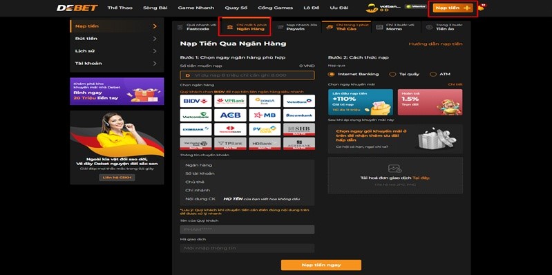 Nạp – Rút tiền tại Debet nhanh chóng